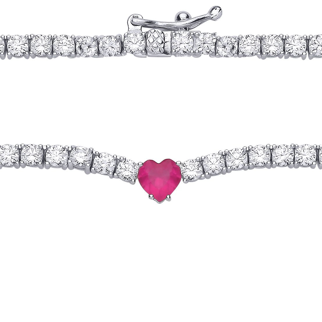 Silver  Rose Red Heart CZ Love Heart Eternity Tennis Necklace - GVK507