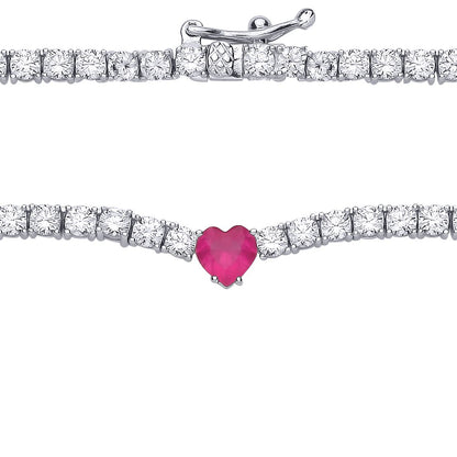 Silver  Rose Red Heart CZ Love Heart Eternity Tennis Necklace - GVK507