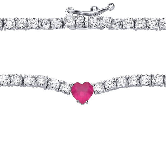 Silver  Rose Red Heart CZ Love Heart Eternity Tennis Necklace - GVK507