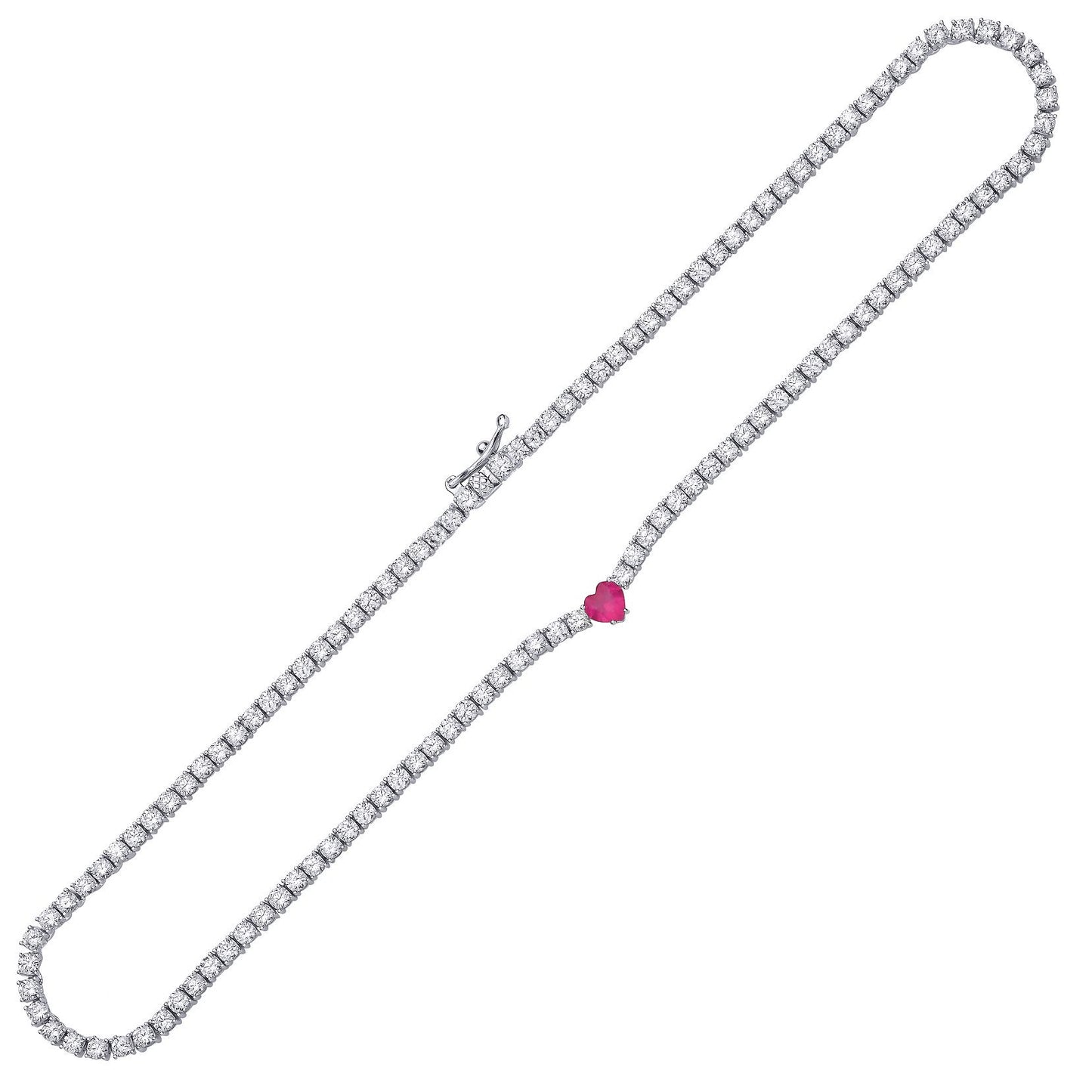 Silver  Rose Red Heart CZ Love Heart Eternity Tennis Necklace - GVK507