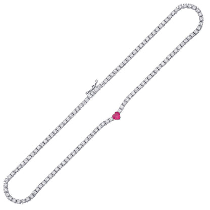 Silver  Rose Red Heart CZ Love Heart Eternity Tennis Necklace - GVK507