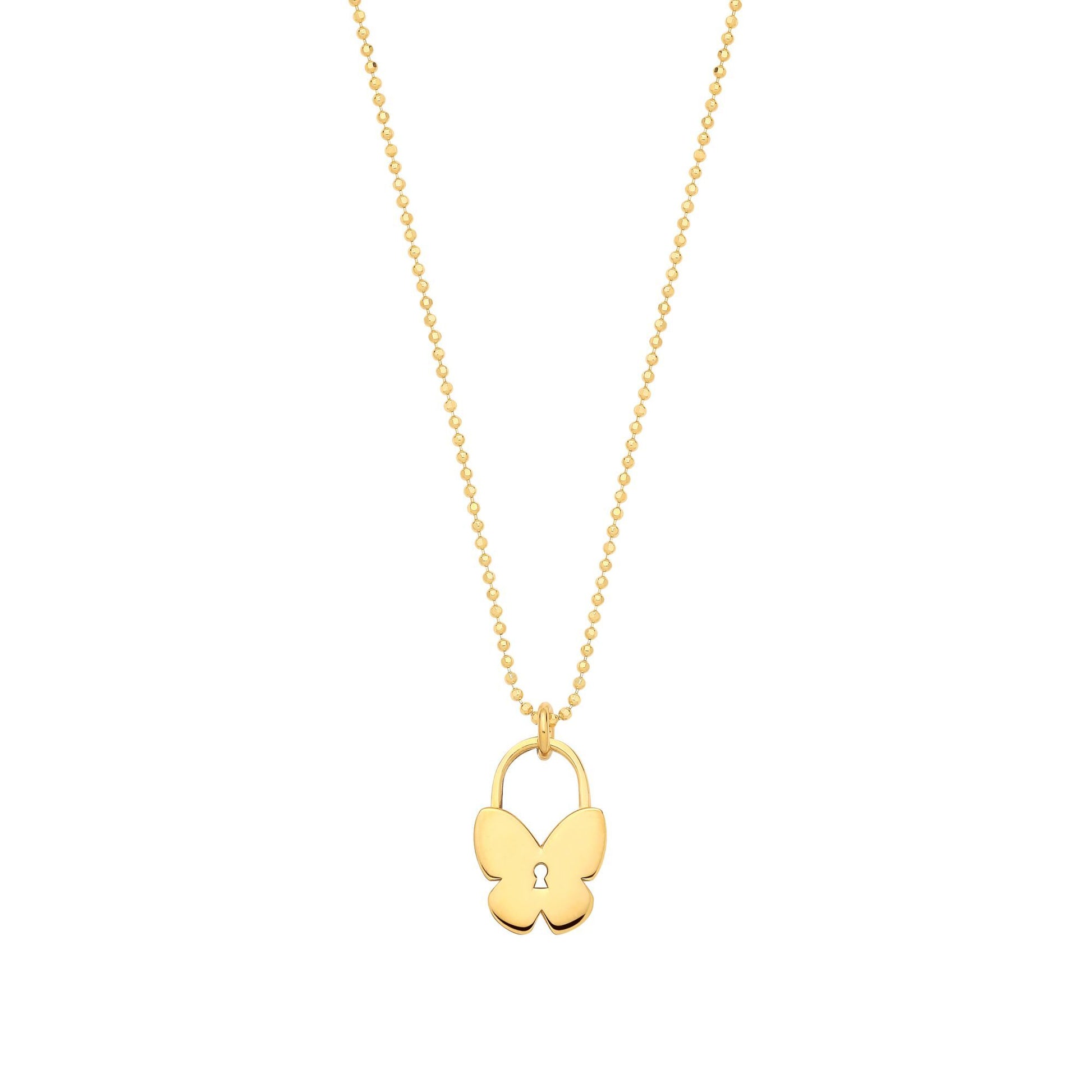 Gilded Silver  Butterfly Love Lock Charm Bead Chain Link Necklace - GVK512