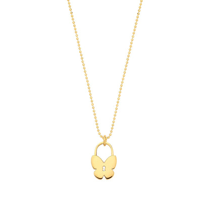 Gilded Silver  Butterfly Love Lock Charm Bead Chain Link Necklace - GVK512