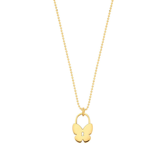 Gilded Silver  Butterfly Love Lock Charm Bead Chain Link Necklace - GVK512