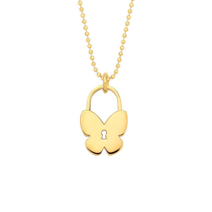 Gilded Silver  Butterfly Love Lock Charm Bead Chain Link Necklace - GVK512