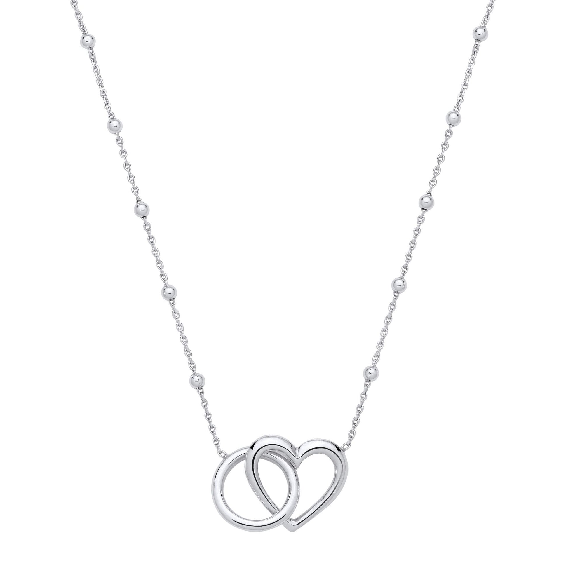 Silver  Embraced Love Heart & Halo Bead Chain Lavalier Necklace - GVK520