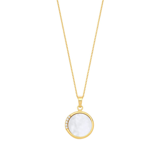 Gold Plated Silver CZ Mother Of Pear Round Pendant Necklace - 18 - GVK523