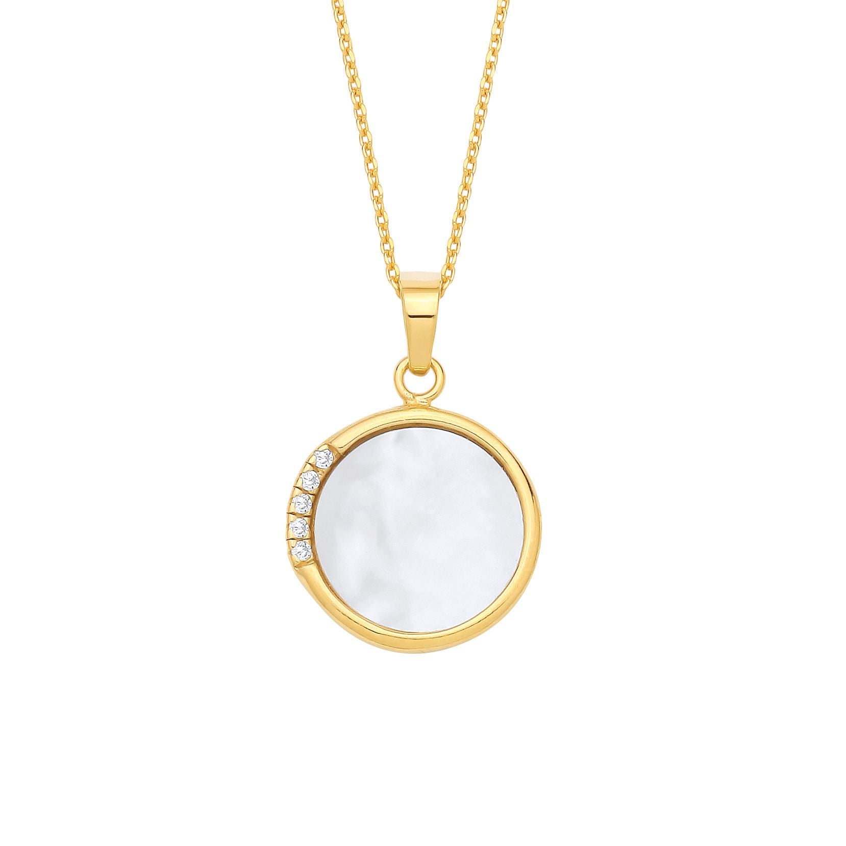 Gold Plated Sterling Silver CZ & Mother Of Pear Round Pendant Necklace - 18 - GVK523