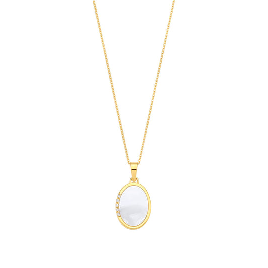Gold Plated Silver CZ & Mother Of Pear Oval Pendant Necklace - 18 - GVK524