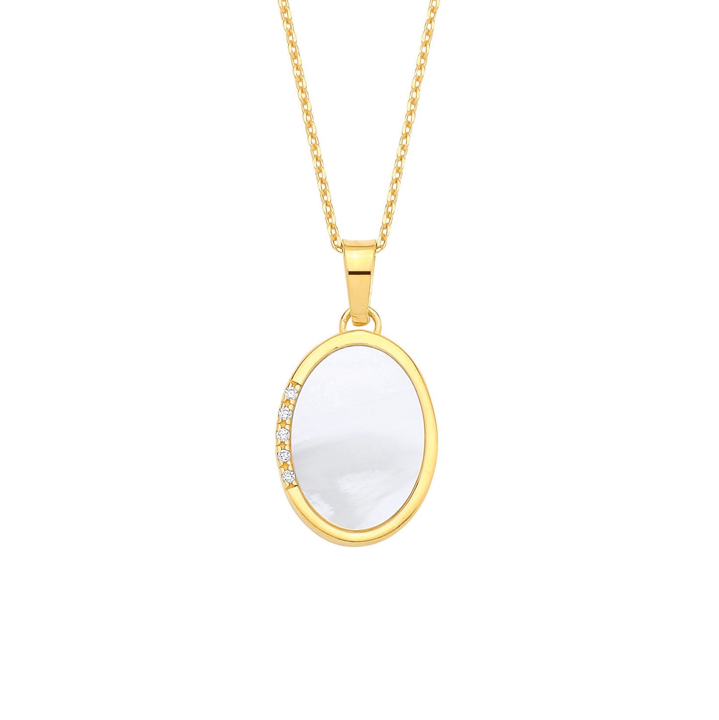 Gold Plated Sterling Silver CZ & Mother Of Pear Oval Pendant Necklace - 18 - GVK524