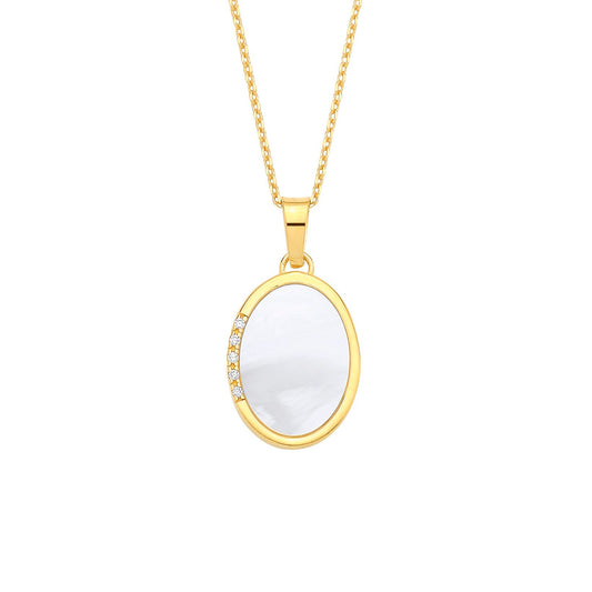 Gold Plated Sterling Silver CZ & Mother Of Pear Oval Pendant Necklace - 18 - GVK524