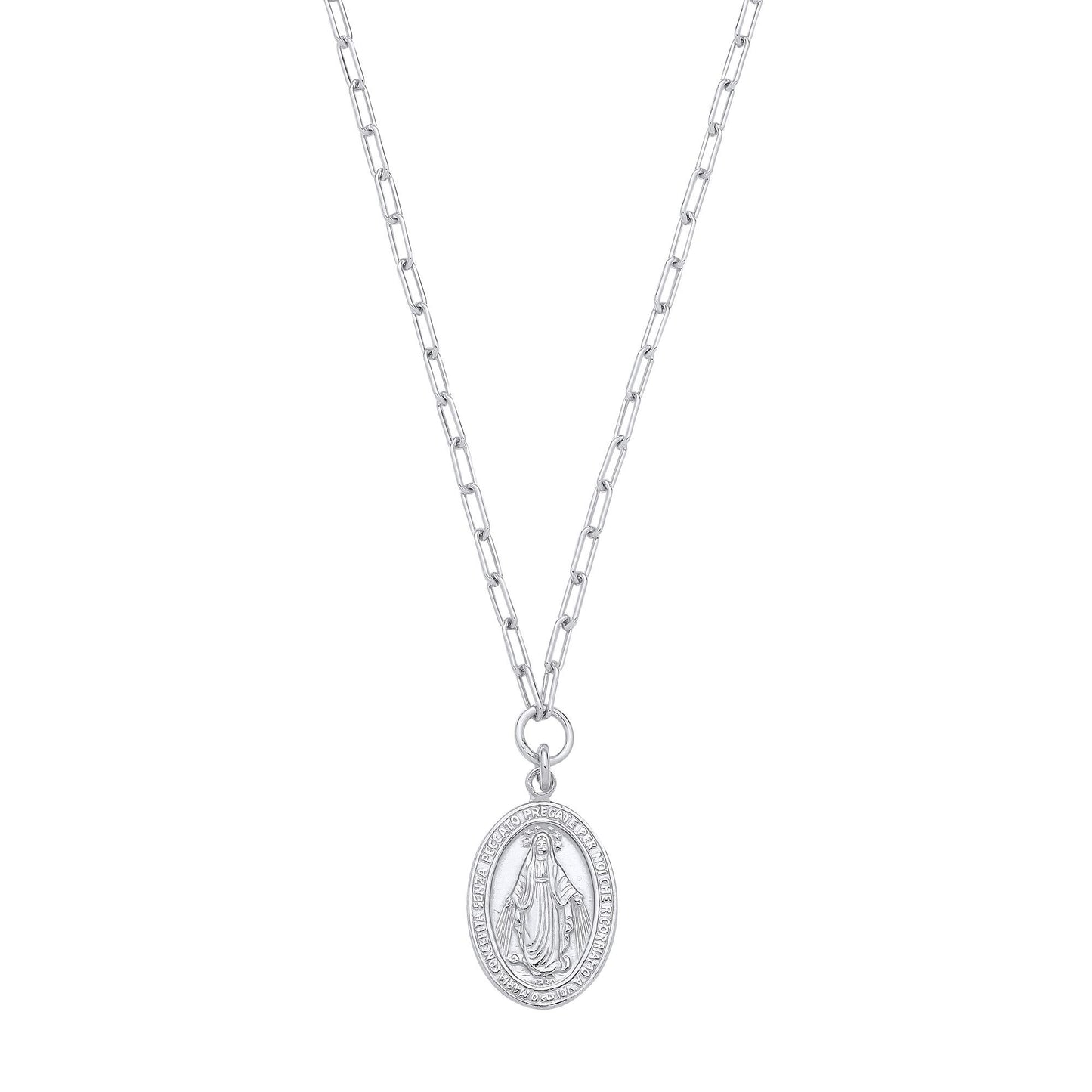 Silver  Miraculous Madonna Medallion Paperclip Chain Link Necklace - GVK525