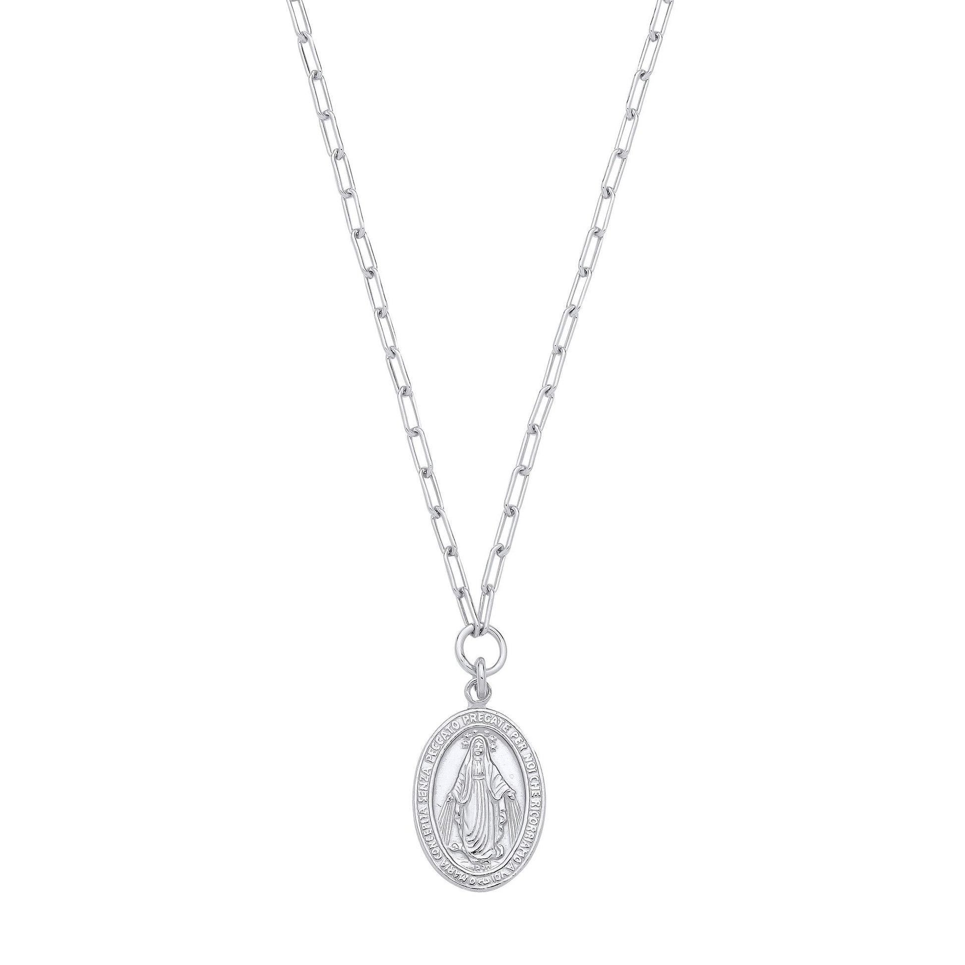 Silver  Miraculous Madonna Medallion Paperclip Chain Link Necklace - GVK525