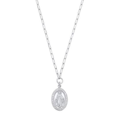 Silver  Miraculous Madonna Medallion Paperclip Chain Link Necklace - GVK525