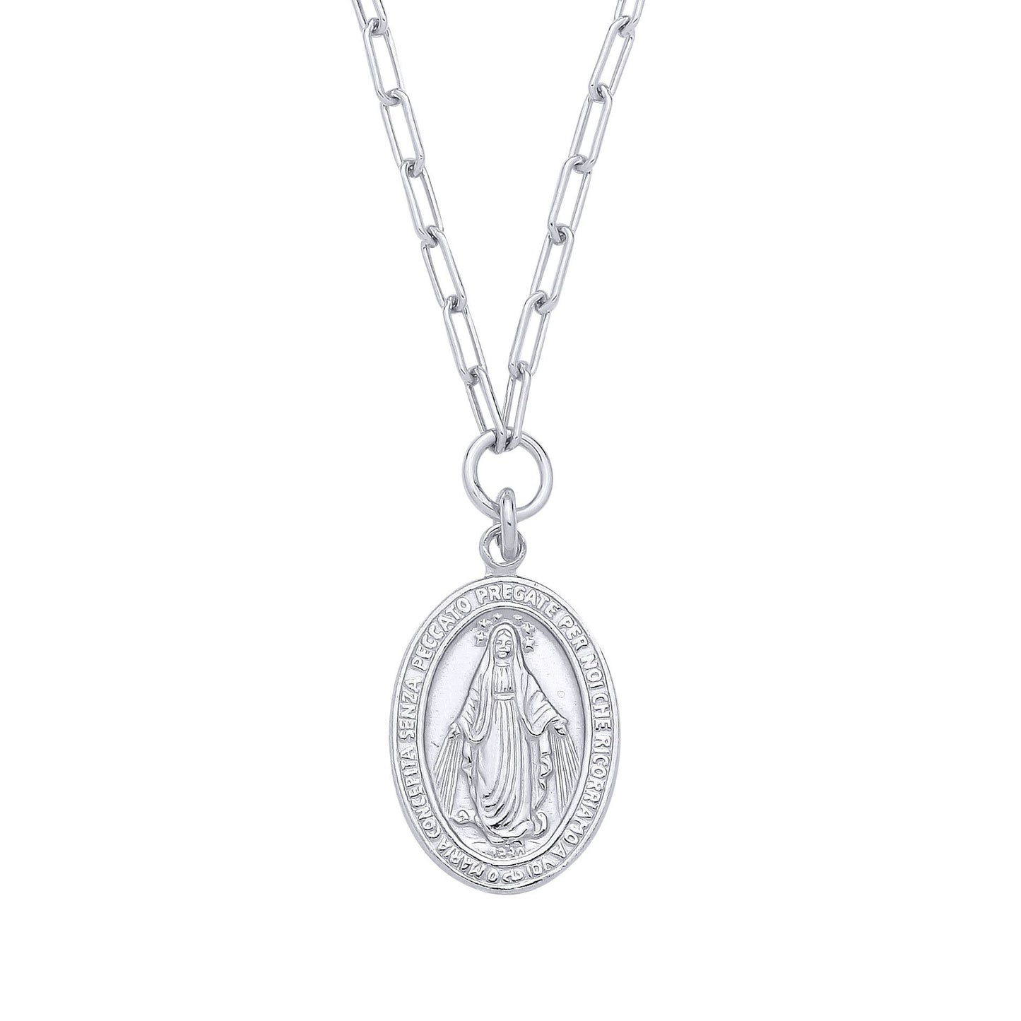 Silver  Miraculous Madonna Medallion Paperclip Chain Link Necklace - GVK525