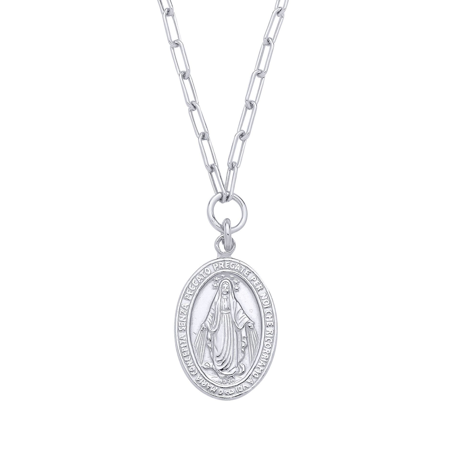 Silver  Miraculous Madonna Medallion Paperclip Chain Link Necklace - GVK525