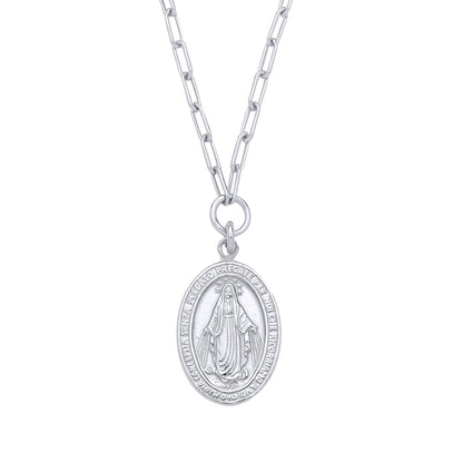 Silver  Miraculous Madonna Medallion Paperclip Chain Link Necklace - GVK525