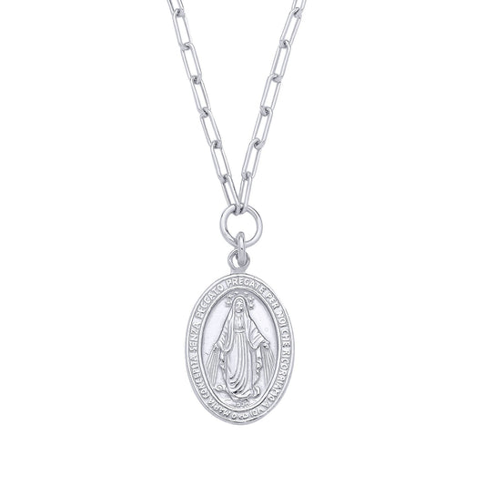 Silver  Miraculous Madonna Medallion Paperclip Chain Link Necklace - GVK525