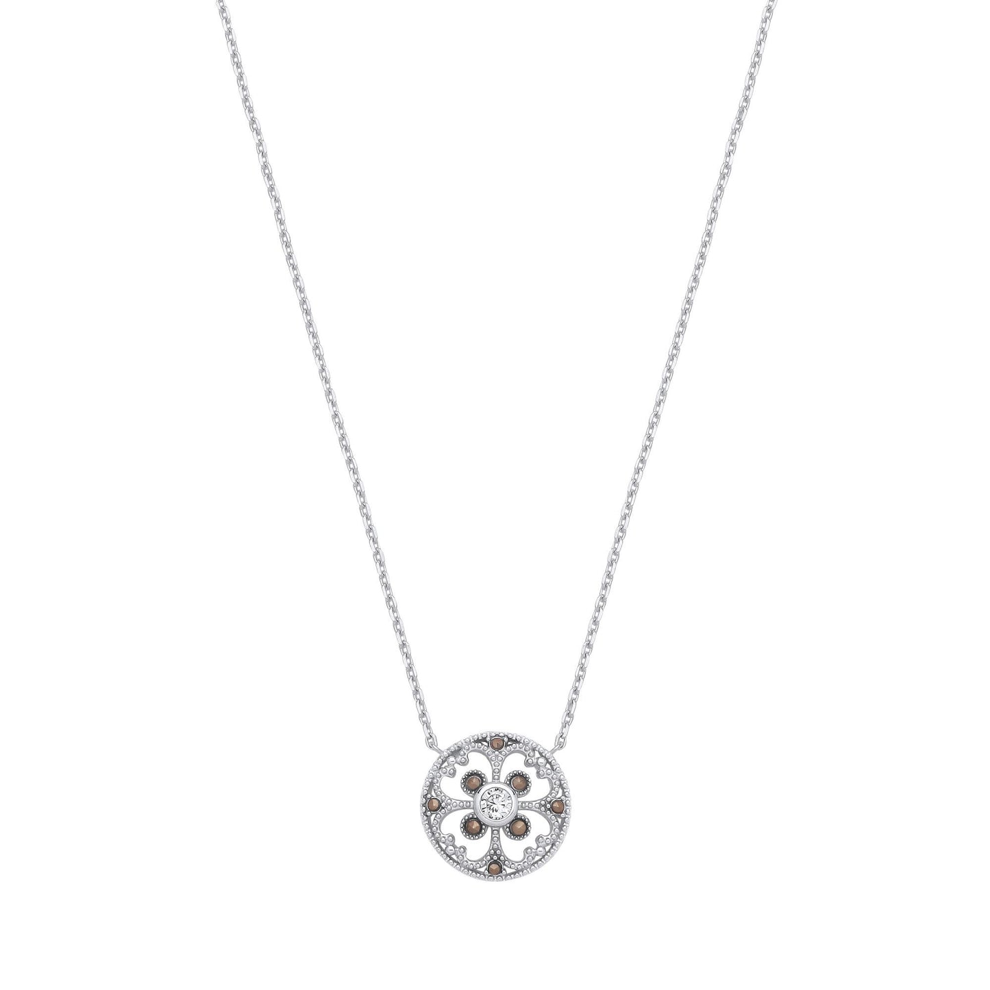 Silver  Marcusite CZ Clover Mosaic Hot Cross Bun Button Necklace - GVK526