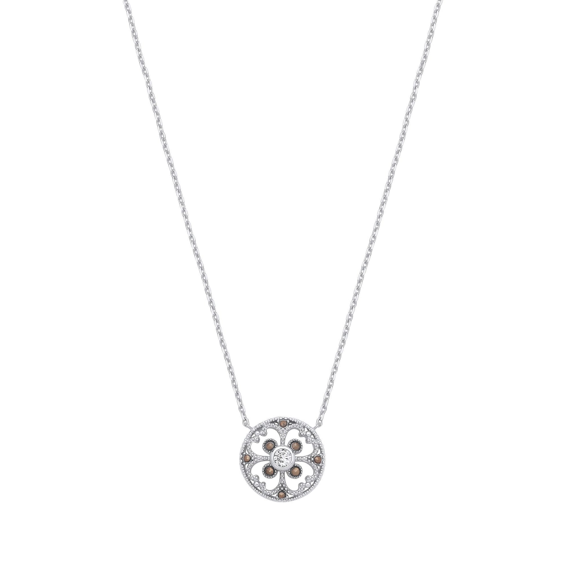 Silver  Marcusite CZ Clover Mosaic Hot Cross Bun Button Necklace - GVK526