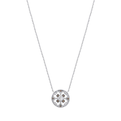 Silver  Marcusite CZ Clover Mosaic Hot Cross Bun Button Necklace - GVK526