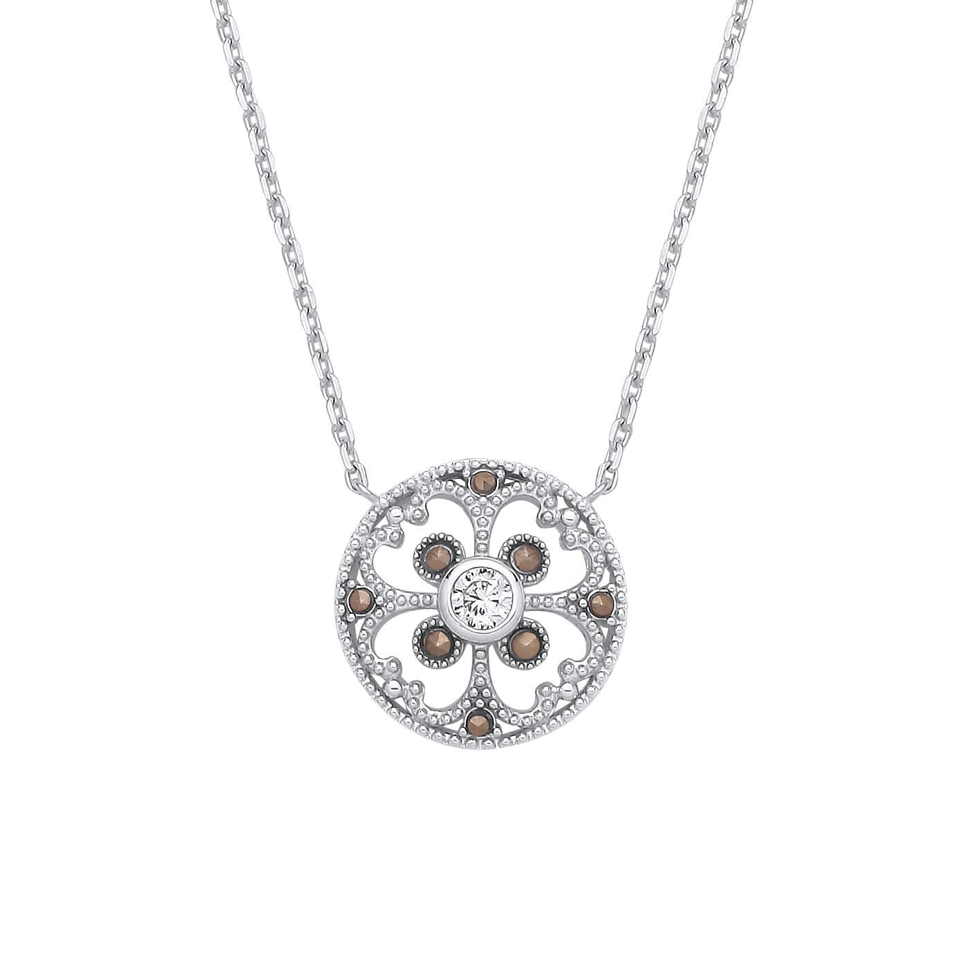 Silver  Marcusite CZ Clover Mosaic Hot Cross Bun Button Necklace - GVK526
