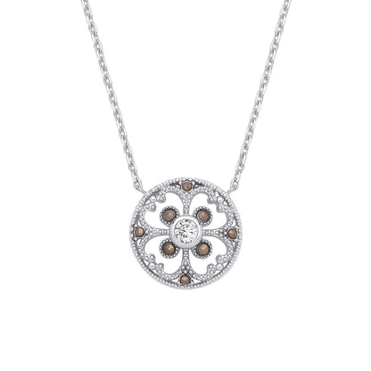 Silver  Marcusite CZ Clover Mosaic Hot Cross Bun Button Necklace - GVK526