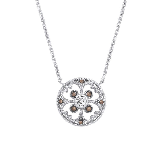 Silver  Marcusite CZ Clover Mosaic Hot Cross Bun Button Necklace - GVK526