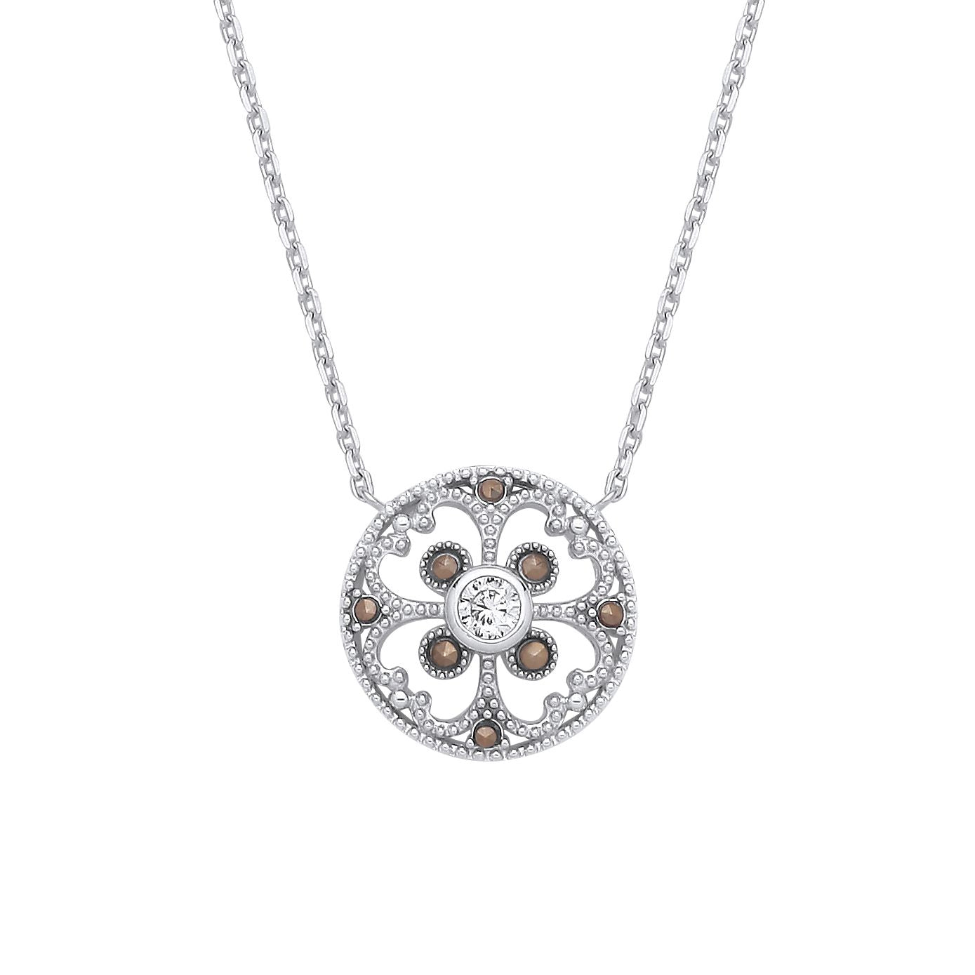 Sterling Silver CZ Filigree Floral Pendant Necklace - GVK526