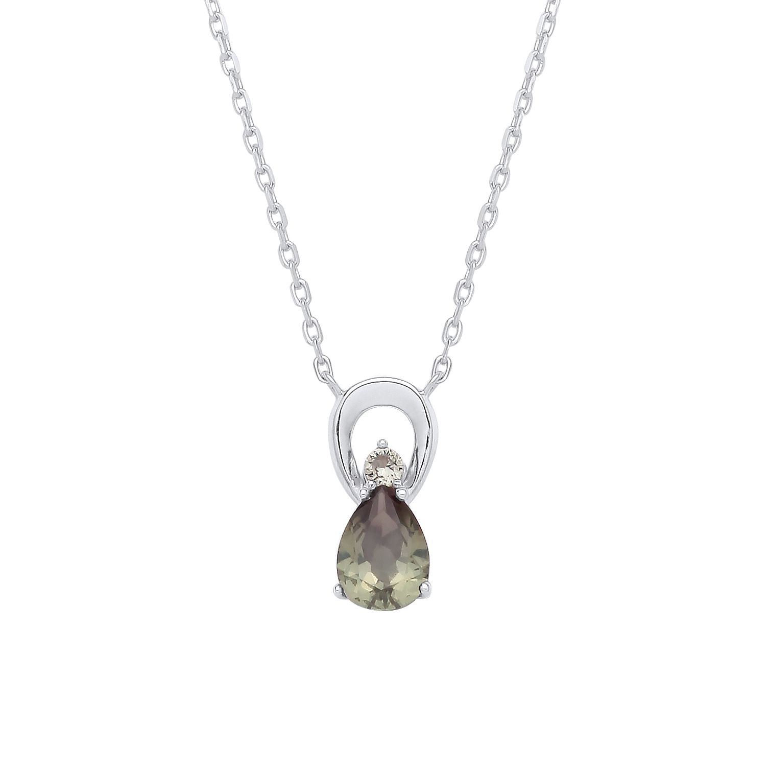 Sterling Silver CZ Green Amethyst Pear Drop Pendant Necklace - GVK527