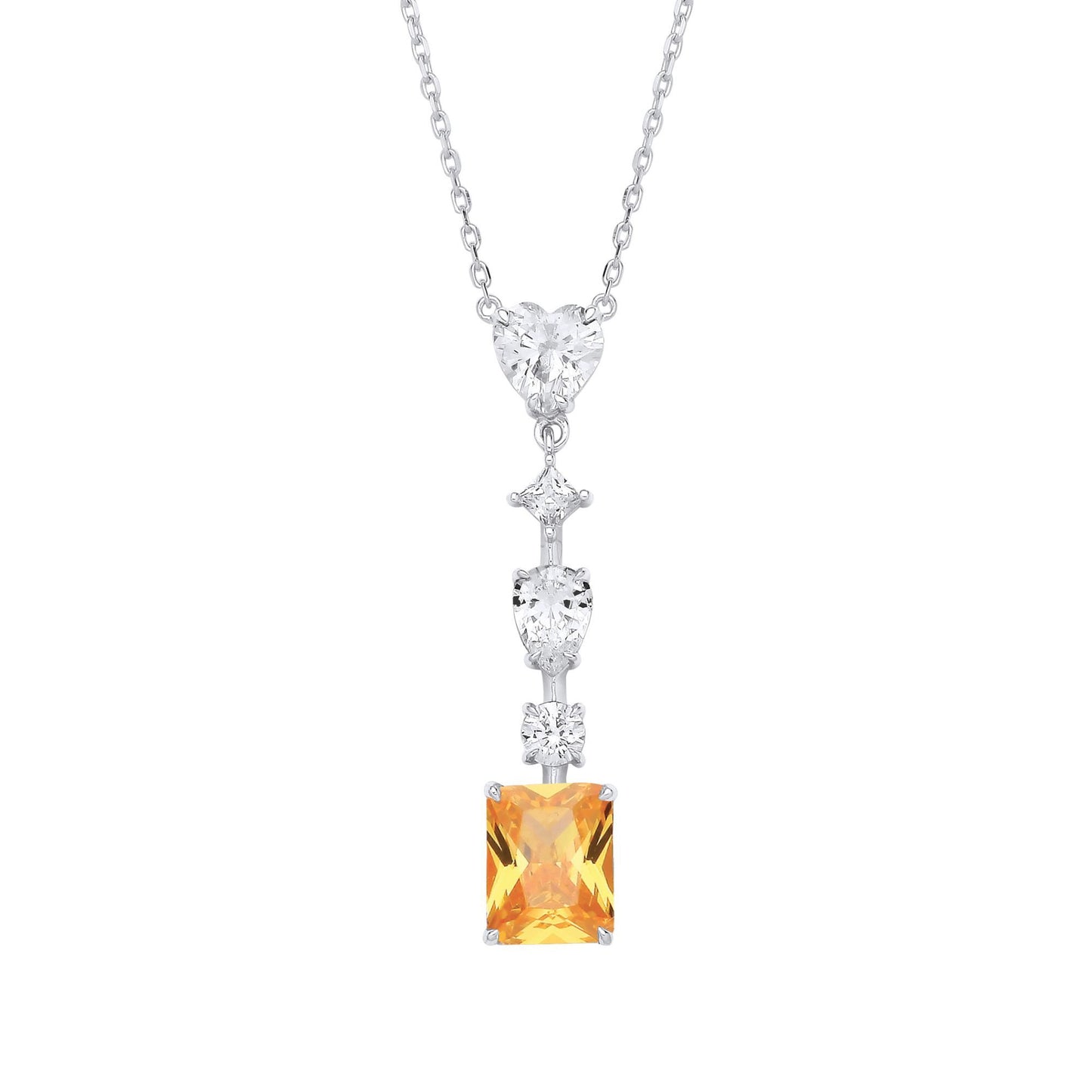 Silver  Yellow Radiant Heart Pear CZ Amber Sunset Tiered Necklace - GVK528