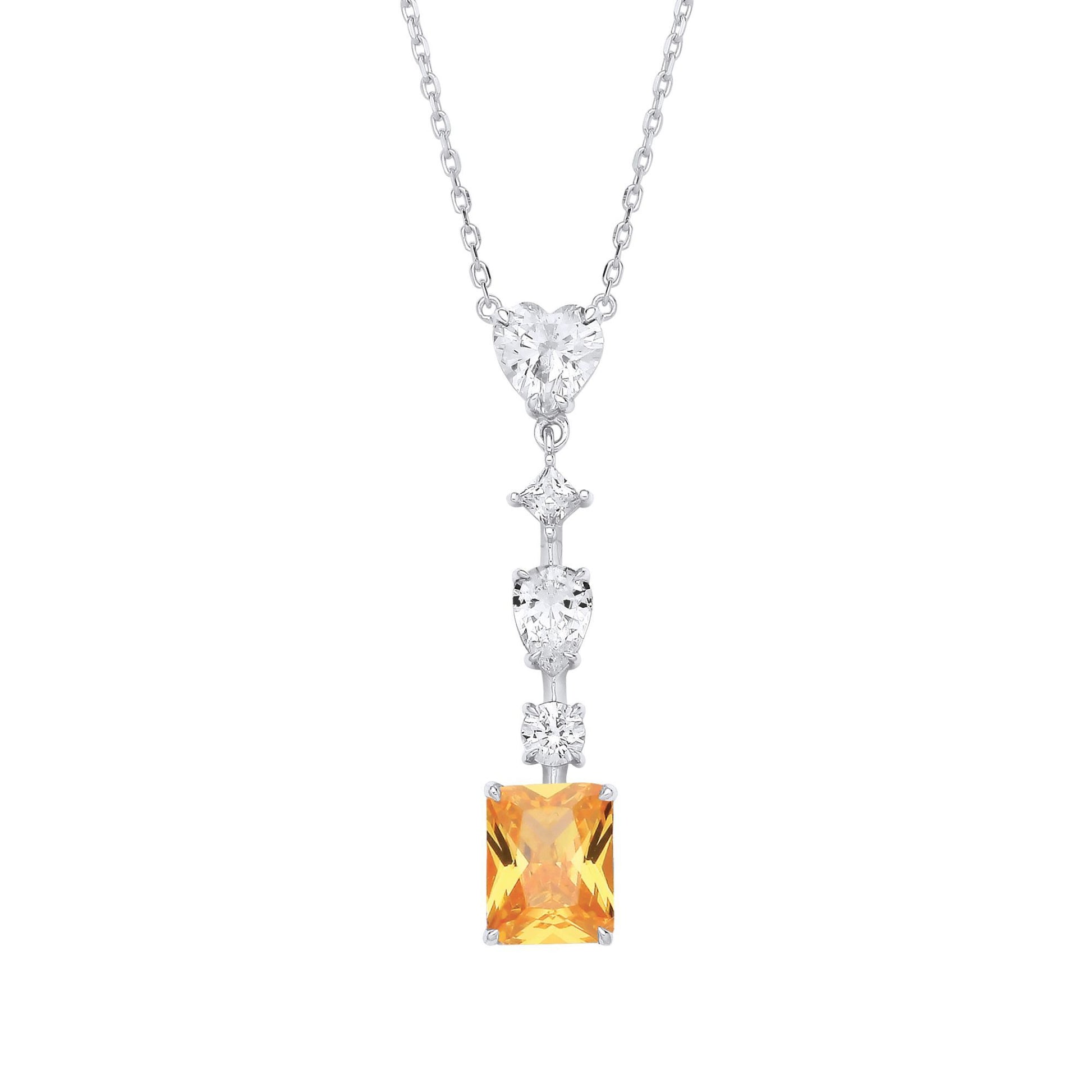 Silver  Yellow Radiant Heart Pear CZ Amber Sunset Tiered Necklace - GVK528