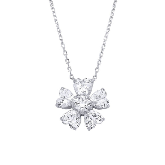 Silver  Heart CZ Eternal Bloom 5 Petal Flower Lavalier Necklace - GVK529