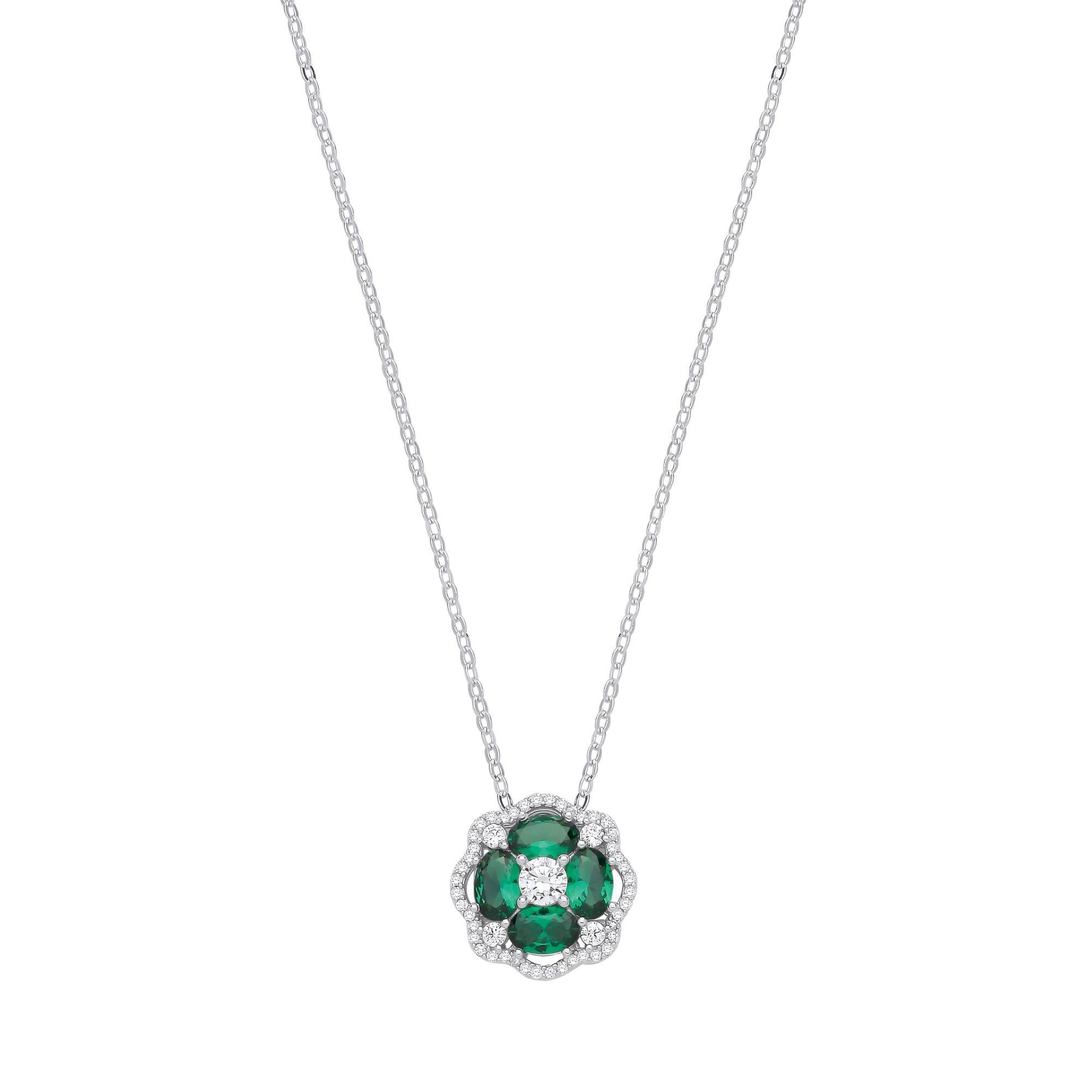 Silver  Green Oval CZ Scalloped Halo Clover Lavalier Necklace - GVK530