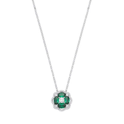 Sterling Silver CZ & Emerald Flower Pendant Necklace - GVK530