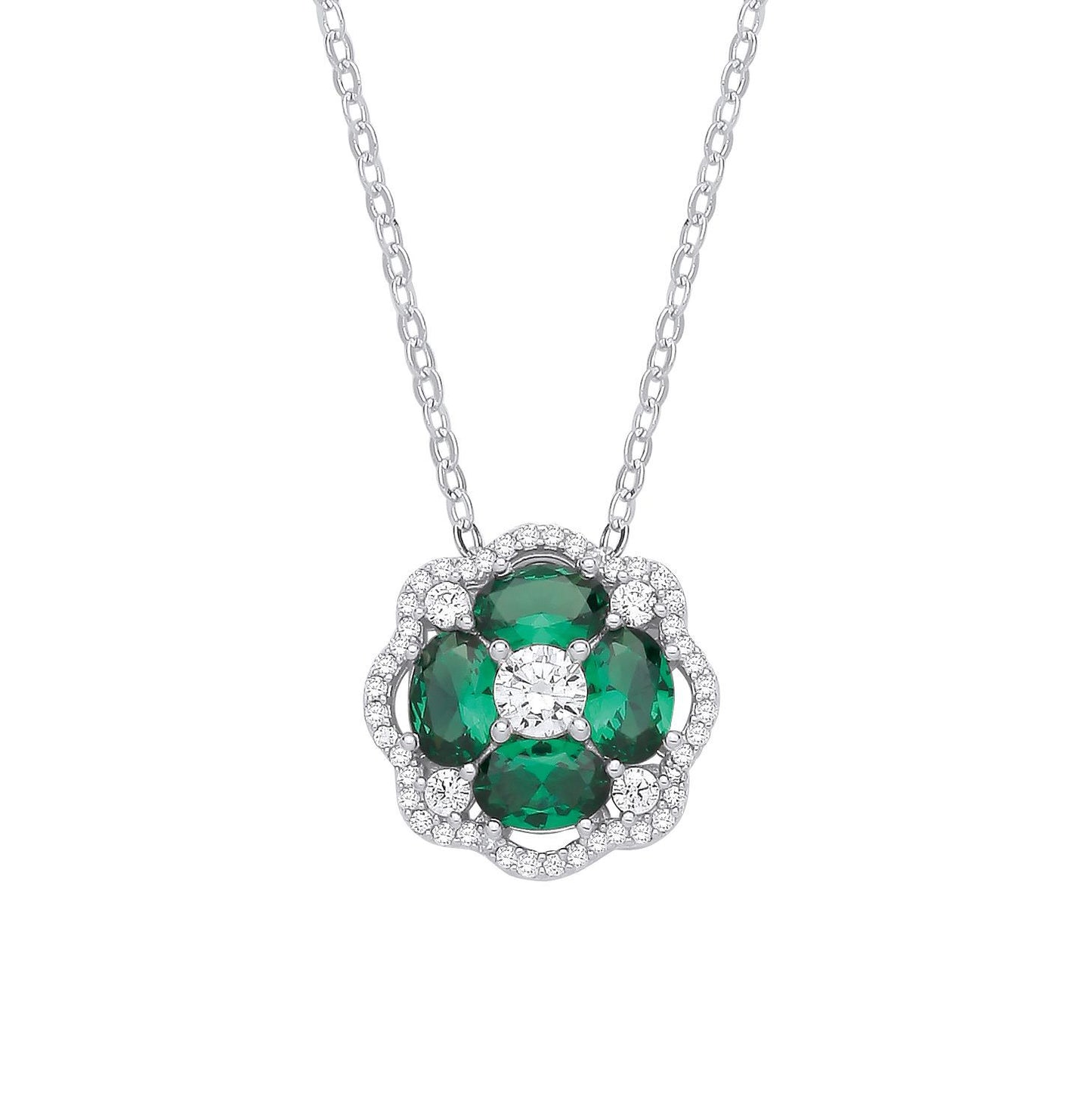 Silver  Green Oval CZ Scalloped Halo Clover Lavalier Necklace - GVK530