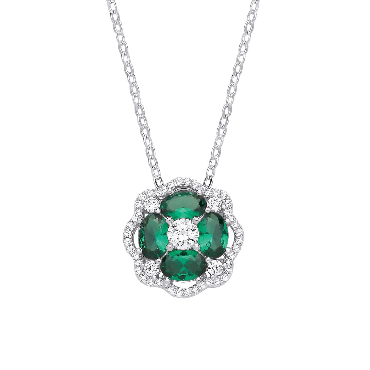Silver  Green Oval CZ Scalloped Halo Clover Lavalier Necklace - GVK530