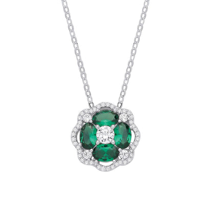 Silver  Green Oval CZ Scalloped Halo Clover Lavalier Necklace - GVK530