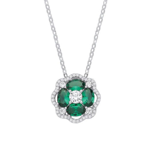 Silver  Green Oval CZ Scalloped Halo Clover Lavalier Necklace - GVK530