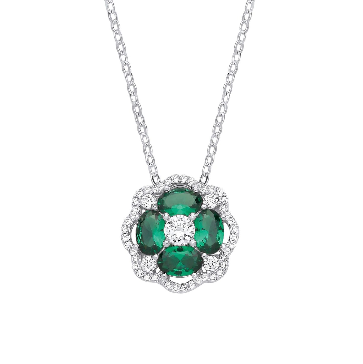 Sterling Silver CZ & Emerald Flower Pendant Necklace - GVK530