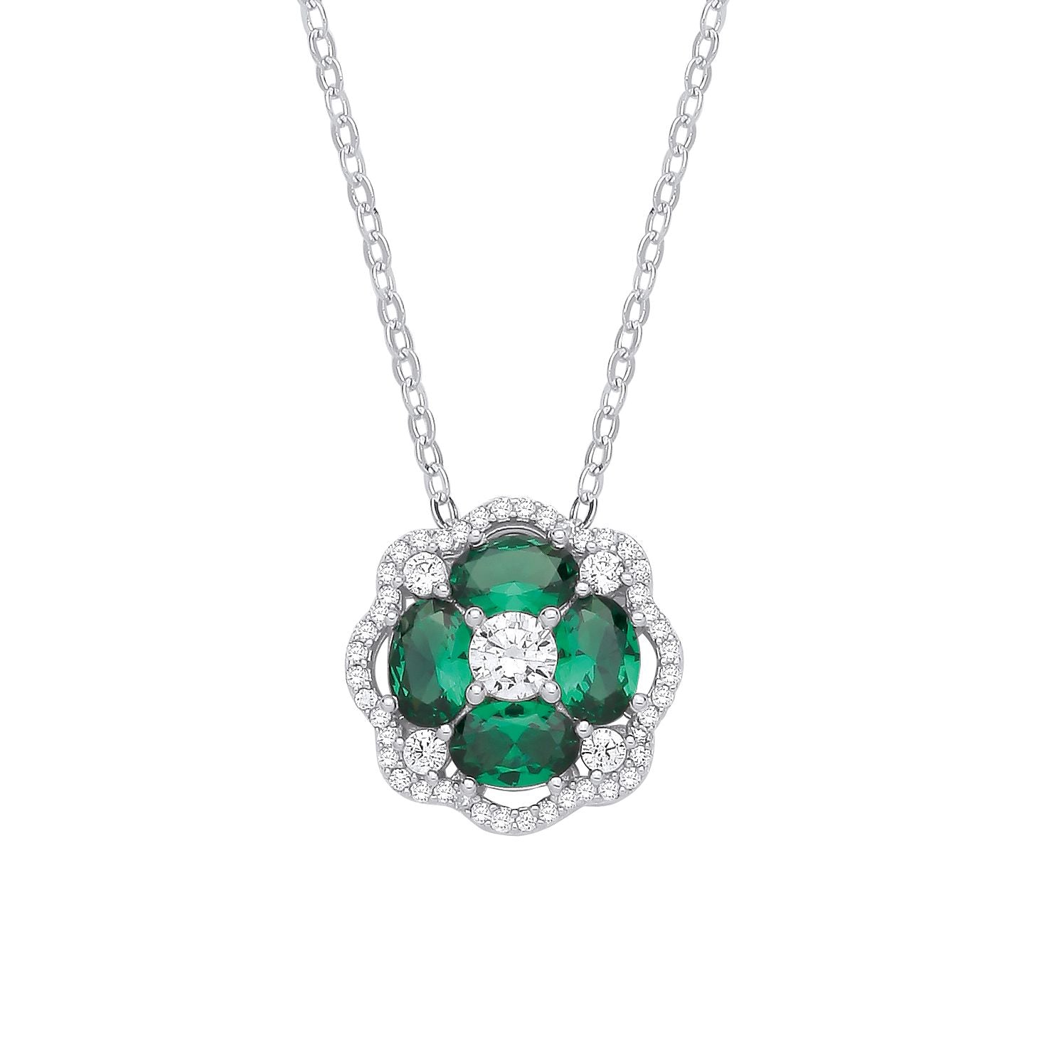 Sterling Silver CZ & Emerald Flower Pendant Necklace - GVK530