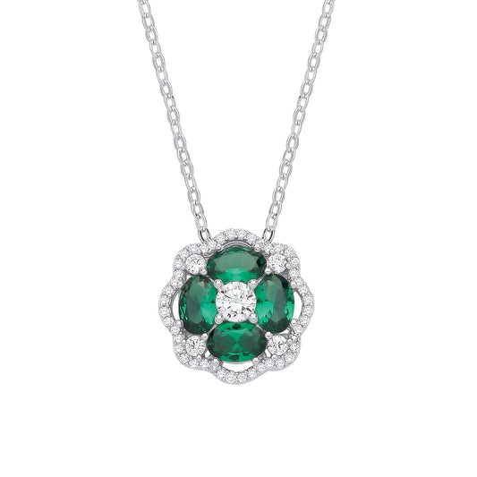 Sterling Silver CZ & Emerald Flower Pendant Necklace - GVK530