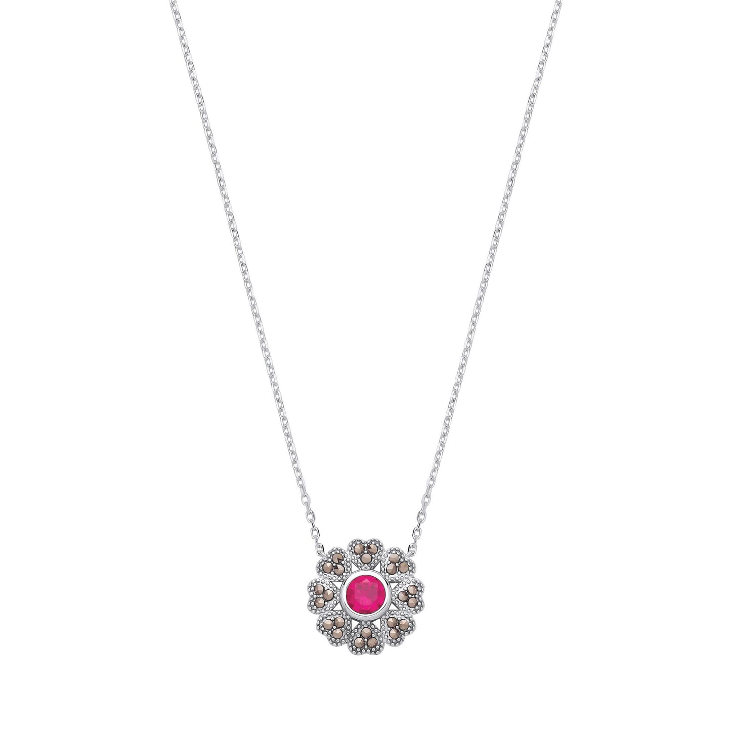 Silver  Red Brown Marcusite CZ Chocolate Hearts & Arrows Necklace - GVK531