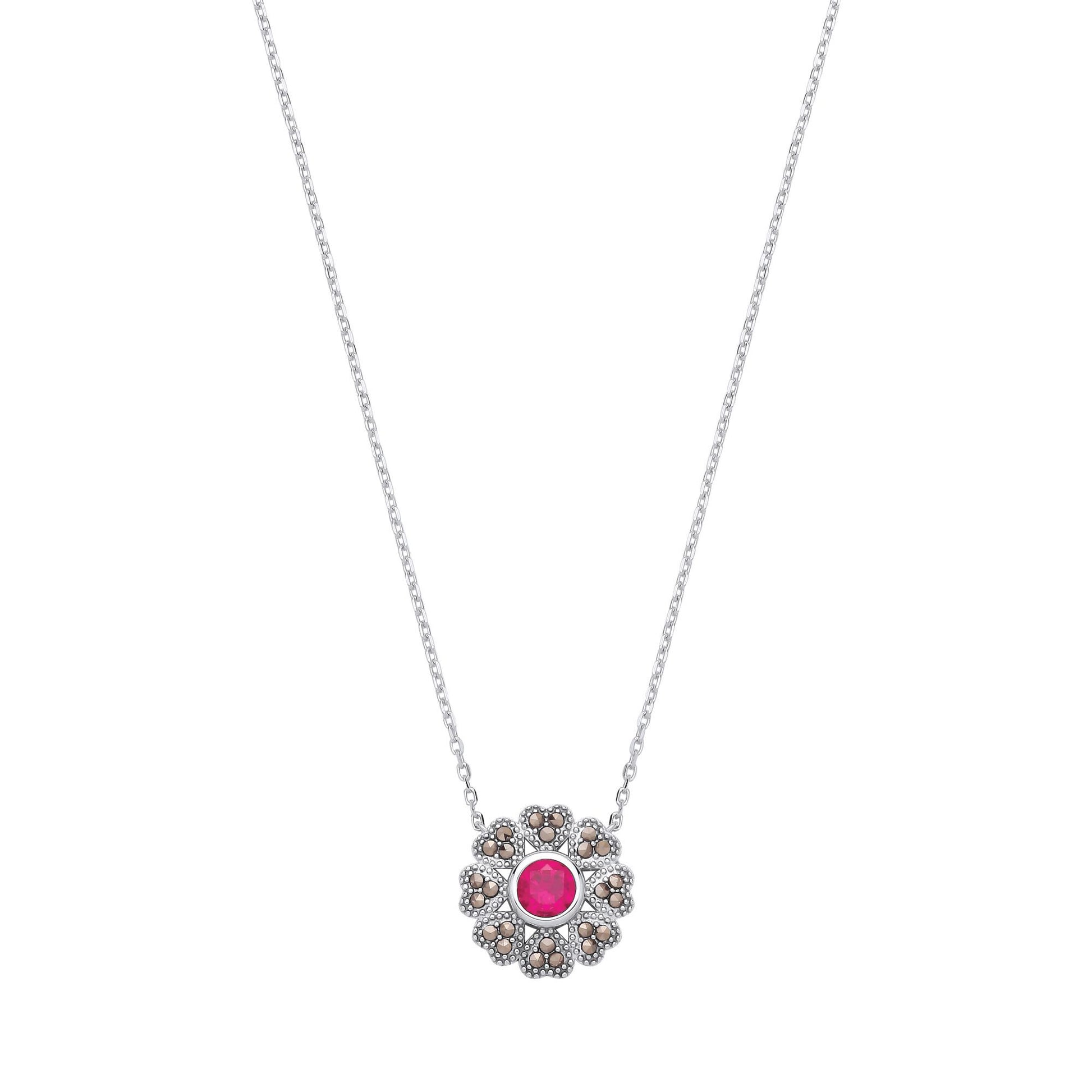 Silver  Red Brown Marcusite CZ Chocolate Hearts & Arrows Necklace - GVK531