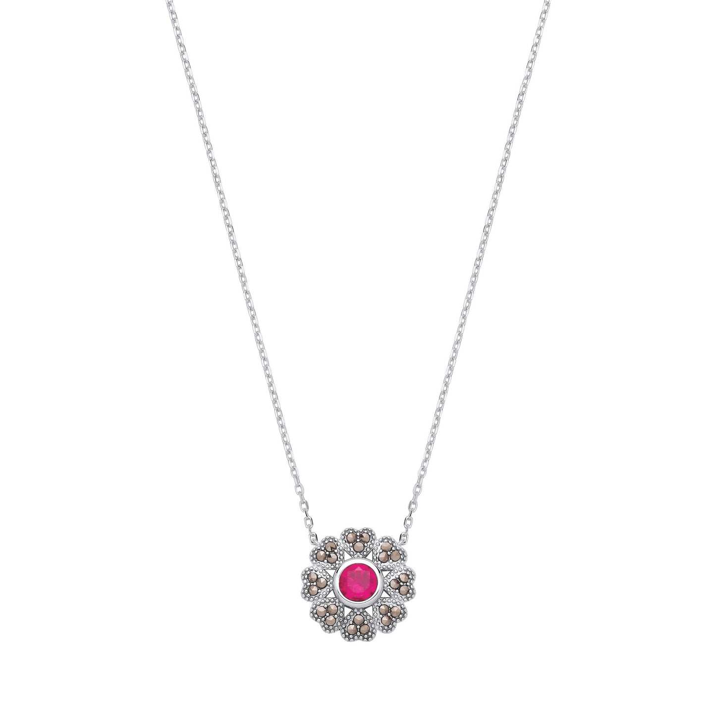 Sterling Silver CZ & Ruby Flower Pendant Necklace - GVK531