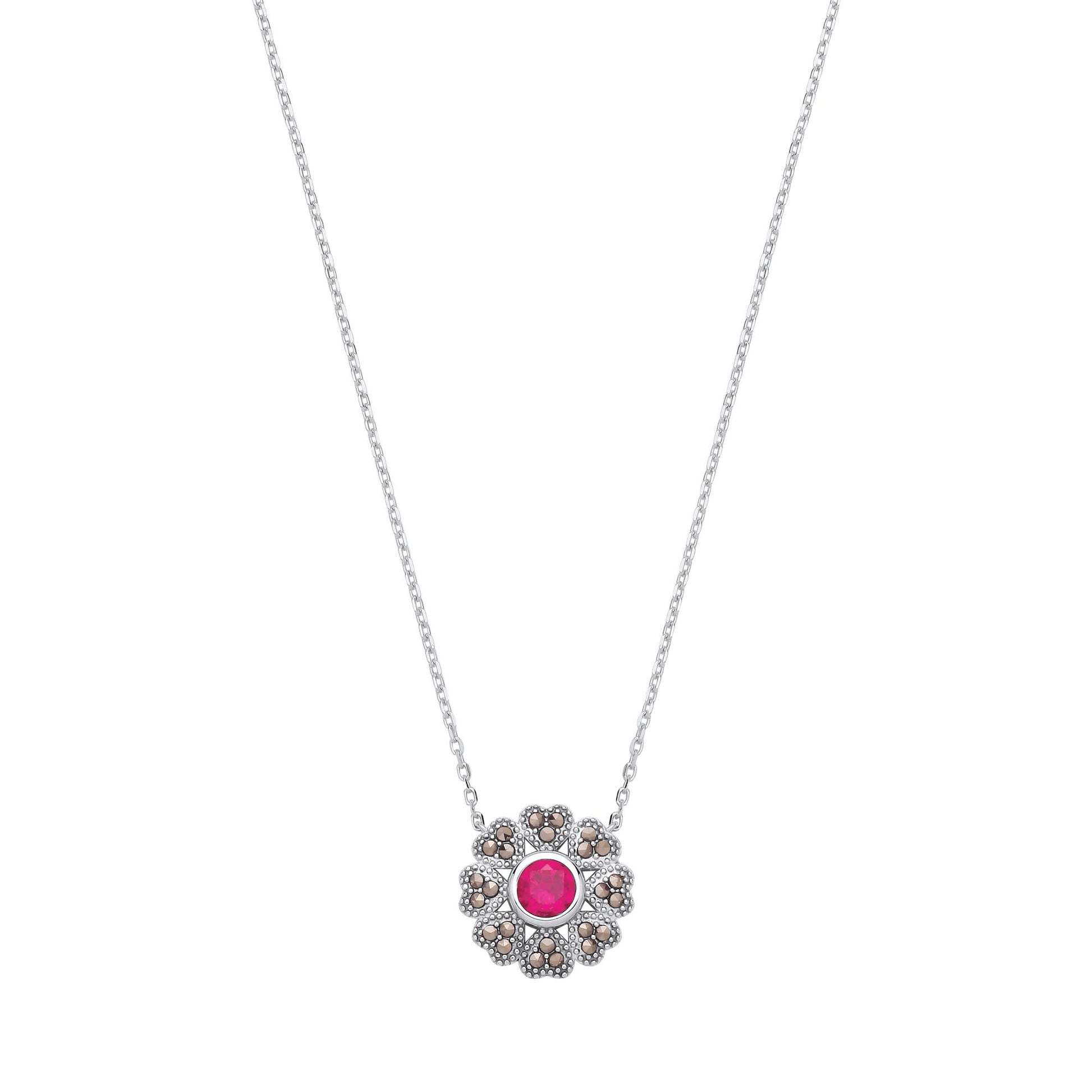 Sterling Silver CZ & Ruby Flower Pendant Necklace - GVK531