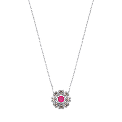 Sterling Silver CZ & Ruby Flower Pendant Necklace - GVK531