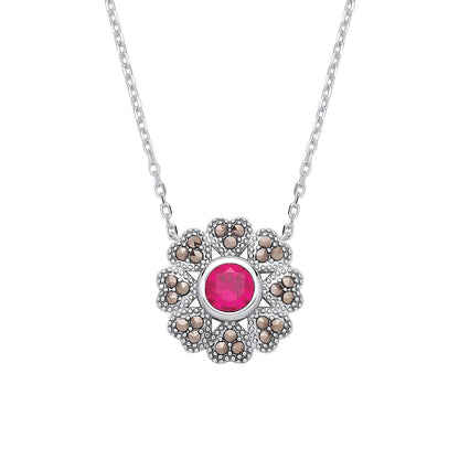 Silver  Red Brown Marcusite CZ Chocolate Hearts & Arrows Necklace - GVK531