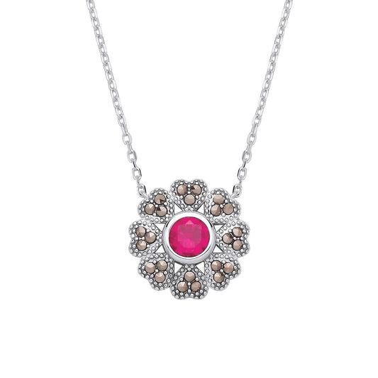 Silver  Red Brown Marcusite CZ Chocolate Hearts & Arrows Necklace - GVK531