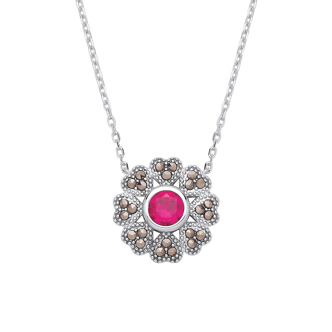 Sterling Silver CZ & Ruby Flower Pendant Necklace - GVK531